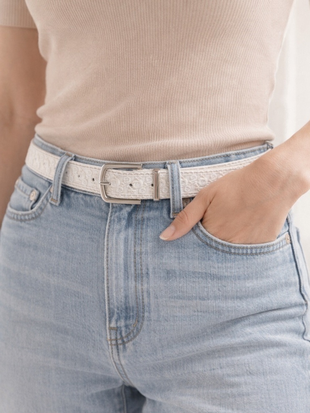 White Lace Belt Women Faux Leather Floral Embroidered Silver Buckle Cottagecore